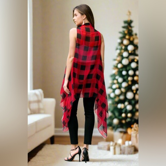 NEW Womens Black Red Christmas Plaid Cardigan Kimono Duster Vest - Picture 5 of 5